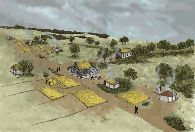 Reconstruction drawing of the Medieval village of Nether Gogar, including Gogar Church, in Edinburgh