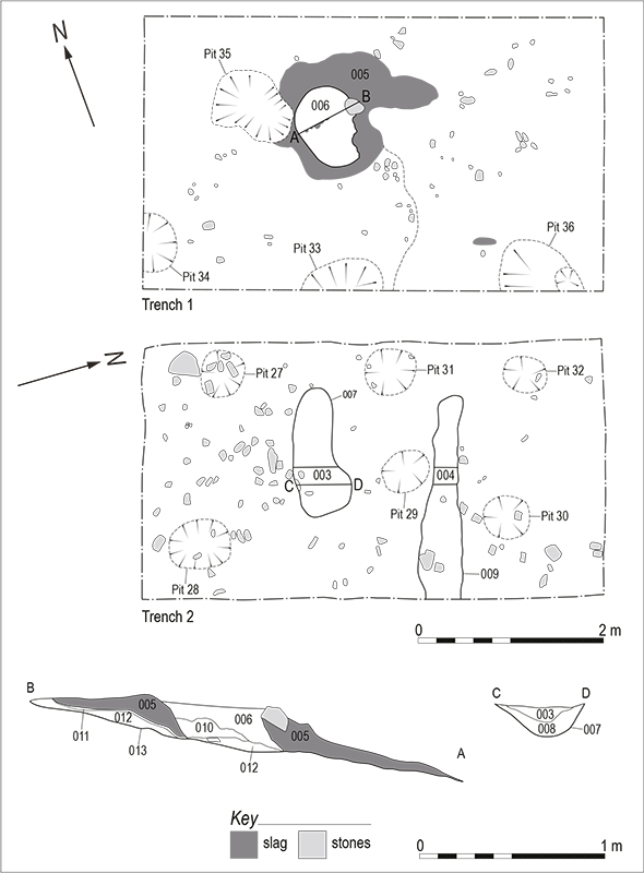 Plans of trenches 1 and 2 and east/west section through bloomery furnace