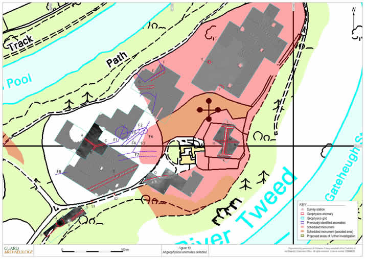 All geophysical anomalies detected. (Work carried out by GUARD Archaeology, CFA, GUARD and Edinburgh University)