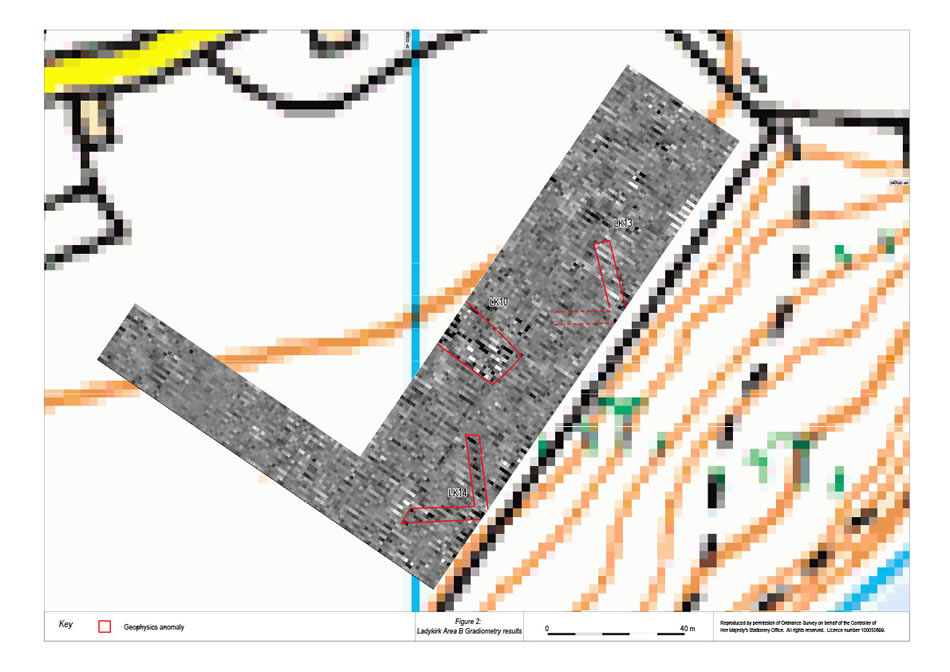 Figure 2: Ladykirk Area B, annotated Gradiometry results