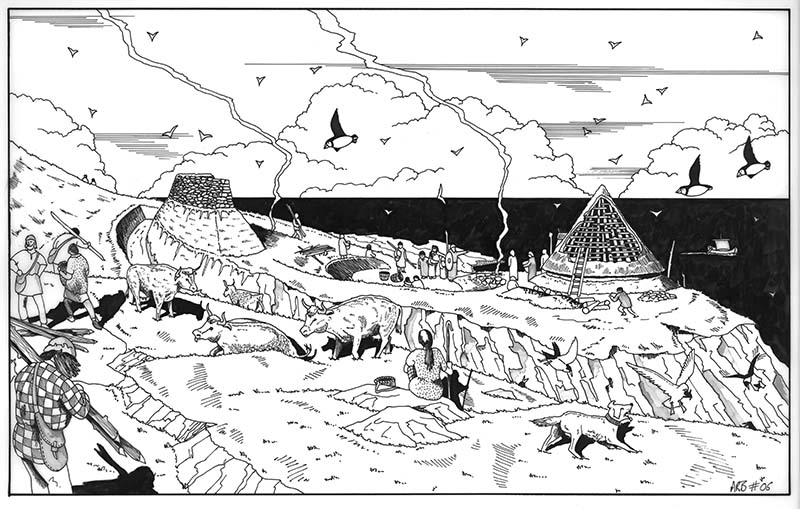 A reconstruction of Carghidown Promontory Fort; excavations revealed a settlement that shared many characteristics of inland Iron Age settlements in Galloway